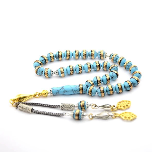 Turkuaz (Firuze) Pirinç Sarma İşlemeli Tespih - 6