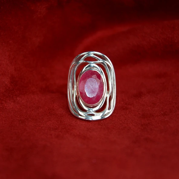 Yakut Taşlı Gümüş Yüzük - 4