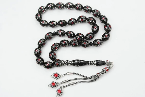 Kule Model Gümüş İşlemeli Oltu Sıkması Tespih - Resim 6