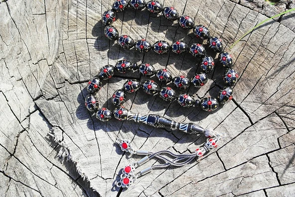 Kule Model Gümüş İşlemeli Oltu Sıkması Tespih - Resim 5