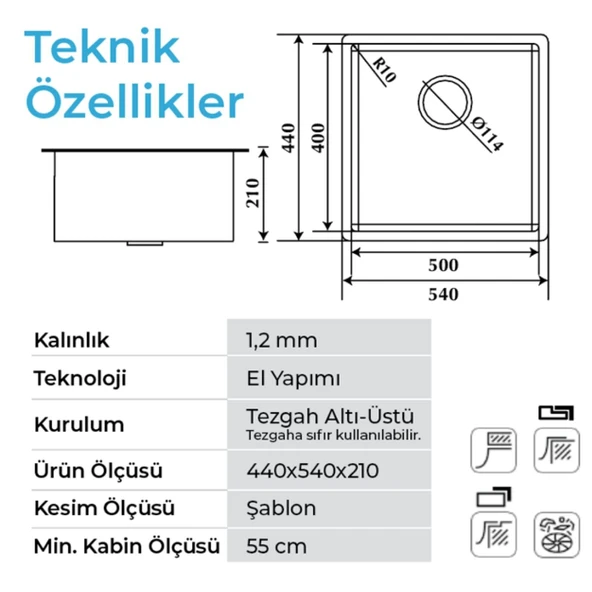 Crauf Stella 4454 PVD Mat Gri 50x40 El Yapımı Paslanmaz Çelik Mutfak Eviyesi - 2