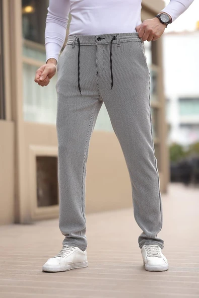 İnce Çizgili Kumaş Gri Jogger Pantolon