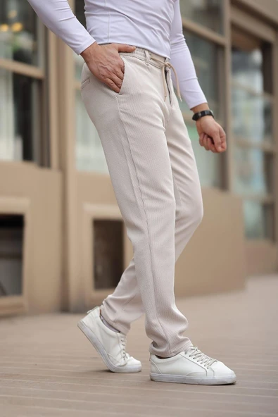 İnce Çizgili Kumaş Bej Jogger Pantolon - 2