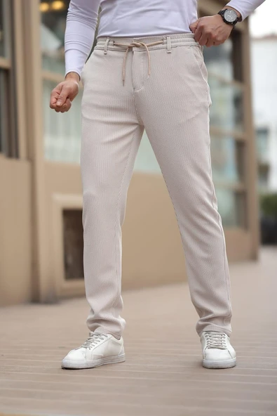 İnce Çizgili Kumaş Bej Jogger Pantolon