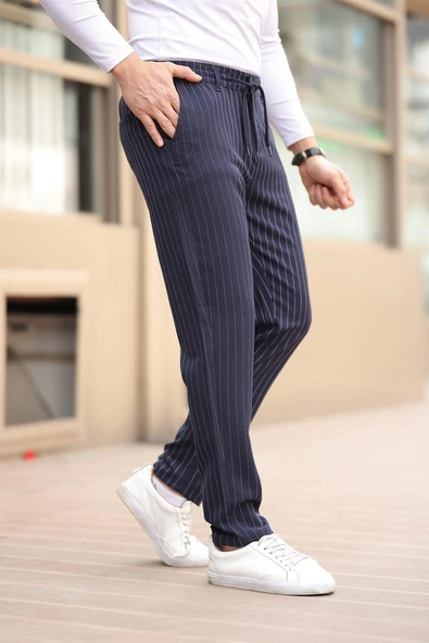 Çizgili Kumaş Lacivert Jogger Pantolon - 2