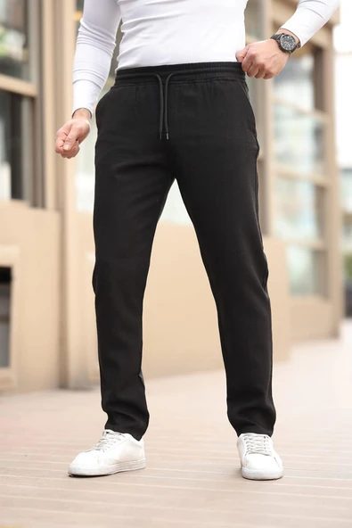 Düğmesiz Düz Kumaş Siyah Jogger Pantolon
