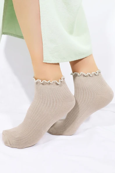 Kadın Bambu Çorap (4 ÇİFT) Renkli Fırfırlı Patik Kadın Çorap - 4