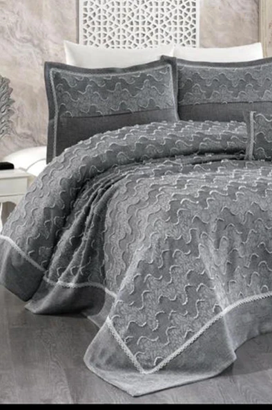 Talya Jakarlı Çift Kişilik Yatak Örtüsü Antrasit ürün görseli