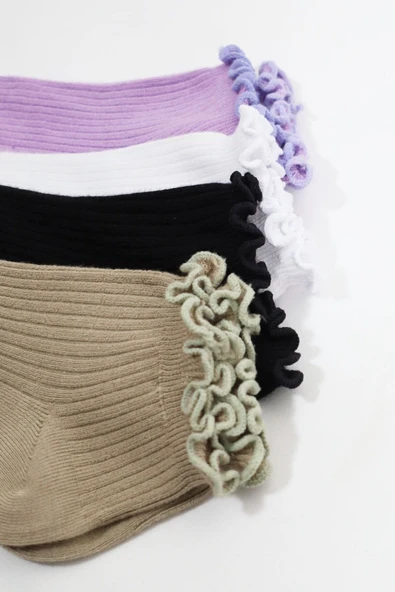 Kadın Bambu Çorap (4 ÇİFT) Renkli Fırfırlı Patik Kadın Çorap - 3