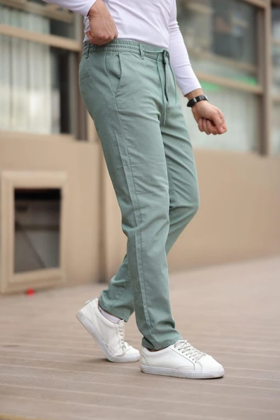 Düğmeli Düz Kumaş Haki Jogger Pantolon