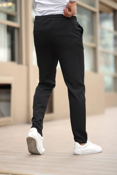 Düğmesiz Kareli Kumaş Siyah Mavisi Jogger Pantolon