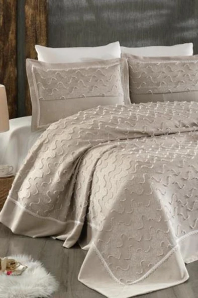 Talya Jakarlı Çift Kişilik Yatak Örtüsü Bej ürün görseli