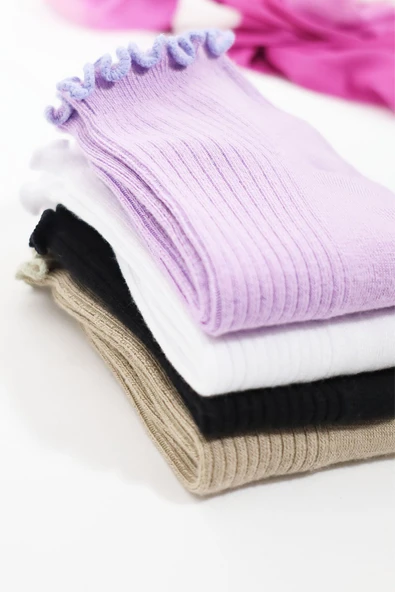 Kadın Bambu Çorap (4 ÇİFT) Renkli Fırfırlı Patik Kadın Çorap - 2