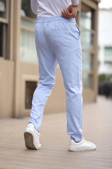 Düğmeli Düz Kumaş Buz Mavisi Jogger Pantolon - 3