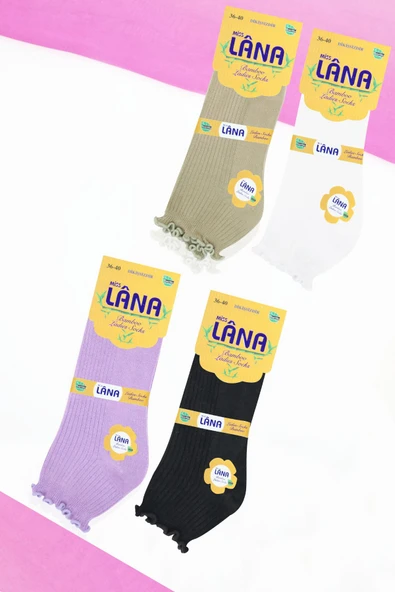 Kadın Bambu Çorap (4 ÇİFT) Renkli Fırfırlı Patik Kadın Çorap - 5