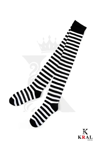 Kadın Dizüstü Çorap (3 Çift) Diz Üstü Zebra - Siyah - Tavuk Bacağı Çorap - 7