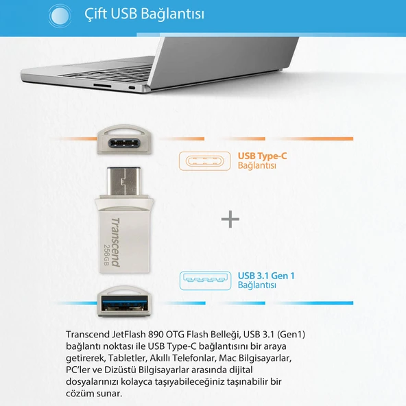 Transcend TS256GJF890S 256GB Type-A&C OTG USB3.1 Flash Bellek - 3