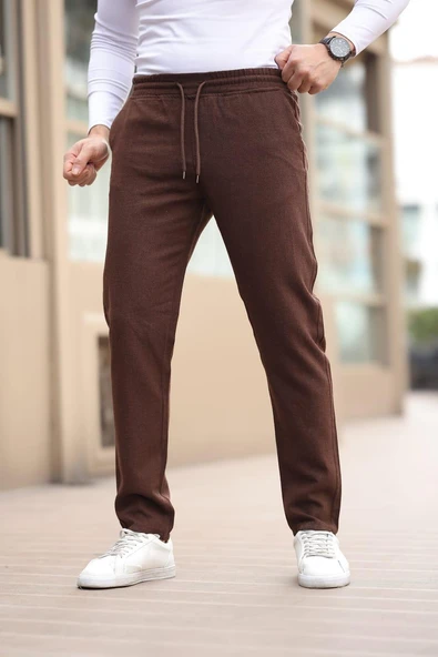 Düğmesiz Düz Kumaş Kahverengi Jogger Pantolon