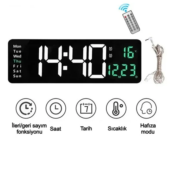 Uzaktan Kumandalı LED Dijital Duvar Saati Geri Sayım Tarih Sıcaklık Çift Alarm Özellikli - 3