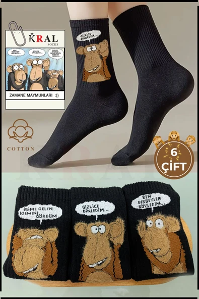 Unisex (6 ÇİFT) ZAMANE MAYMUNLARI Model Pamuklu Terletmez Çorap Seti