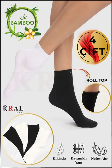 Kadın Roll-Top Lastiksiz Dikişsiz Bambu Soket Çorap 4 Çift