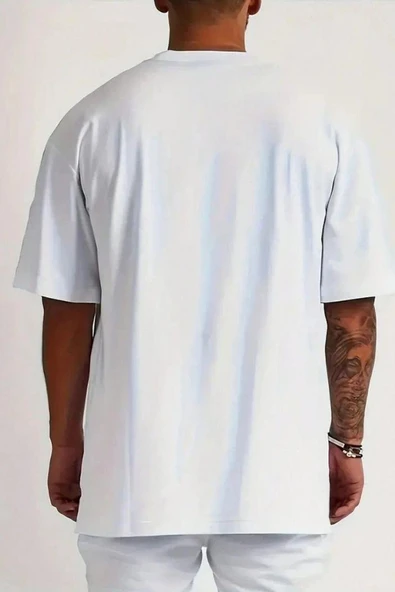 Erkek Beyaz  Oversize Kesim Bisiklet Yaka Oversize Tişört - 3
