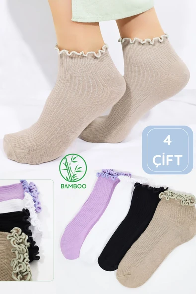 Kadın Bambu Çorap (4 ÇİFT) Renkli Fırfırlı Patik Kadın Çorap - 8
