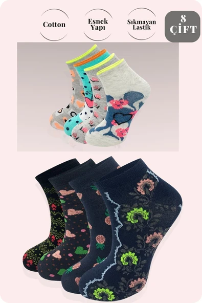 Yazlık Penye - Kadın Patik Çorap 8'li (8 Adet) Parfümlü Desenli - 3