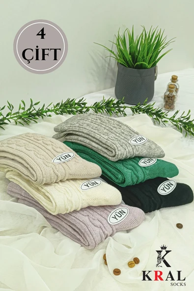 Kadın Yün Çorap (4 Çift) Kışlık Termal Etkili Soft Yünlü Doku - 7