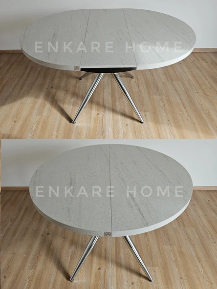 Enkare Oliva Masa - Yuvarlak Açılabilir Mdf Masa - Yenisey, Krom Ayak