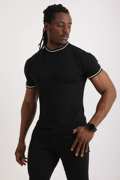 Siyah Örme Bisiklet Yaka Triko Tişört - Resim 3