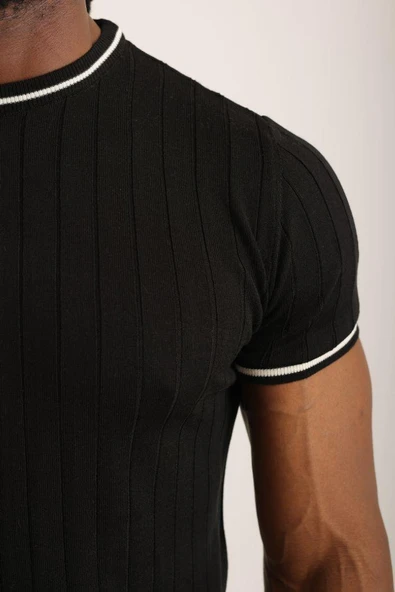 Siyah Örme Bisiklet Yaka Triko Tişört - Resim 7