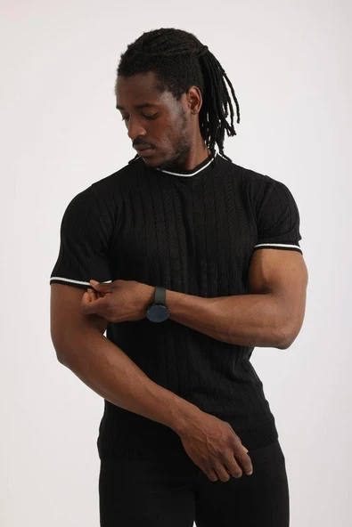 Siyah Örme Bisiklet Yaka Triko Tişört - Resim 4