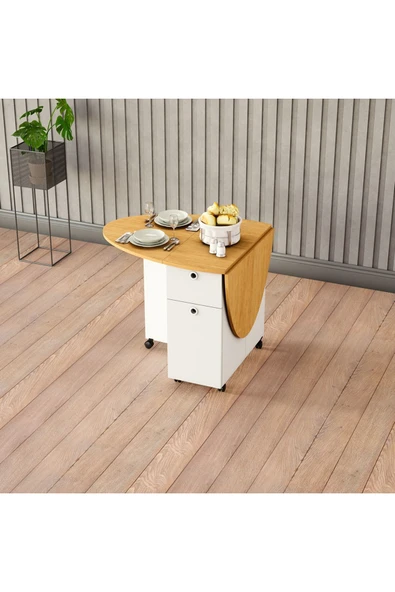 Asra Trend MDF Oval Katlanır Mutfak Yemek Çalışma Masası, Çekmece+Dolap, Beyaz-Afrika Ceviz, KM-06 ürün görseli