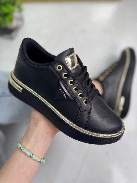 Günlük Kadın Spor Ayakkabı Ppada Model Gold Detaylı Bağcık Hafif Kalın Ortopedik Taban Sneaker 327 - 2