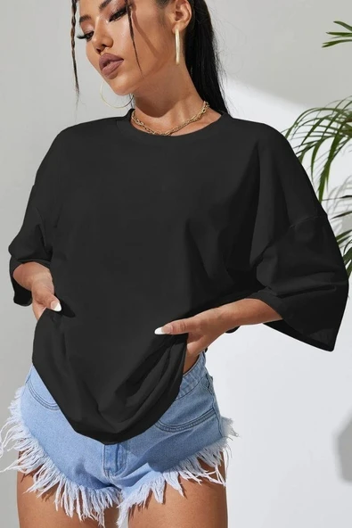Kadın Siyah  Oversize Kesim Bisiklet Yaka Oversize Tişört - 4