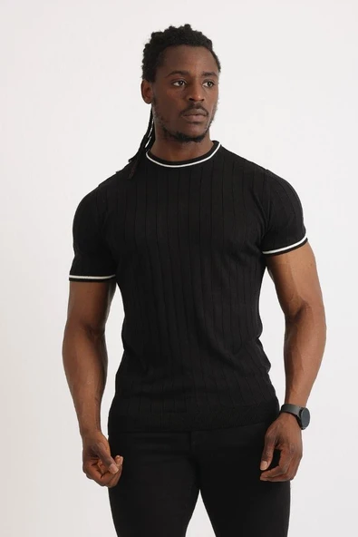 Siyah Örme Bisiklet Yaka Triko Tişört - Resim 5