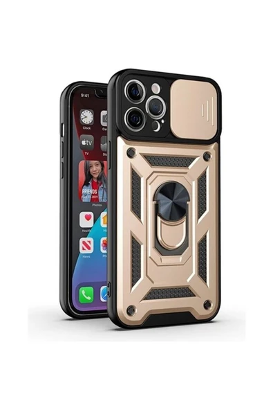 Nettech  Apple Iphone 11 Pro Uyumlu Kızaklı Panzer Seri Arka Koruma Kılıf - Gold - 2