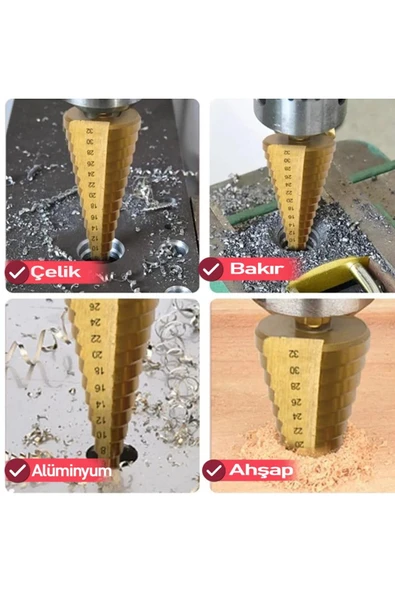 Depolife HSS Matkap Freze Uc Seti Pah Kırma Raybalama Kademeli Adım Delik Açma ucu Kozalak Kesici Titanyum - Resim 5