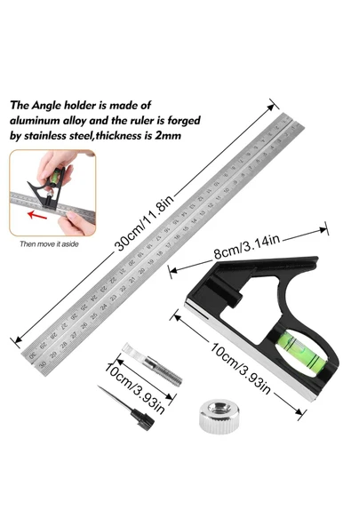 Depolife Açılı Kombine gönye Su Terazili 5 Metre Şerit Kumpas Seti Marangoz Mühendis Mimar El Alet Seti - Resim 6