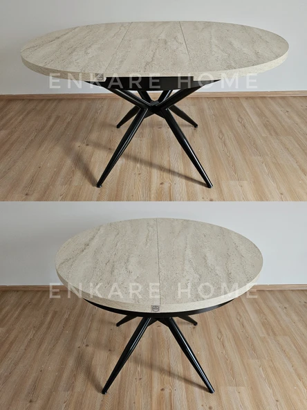 Enkare Oliva Masa - Yuvarlak Açılabilir Mdf Masa - Traverten, Siyah Ayak