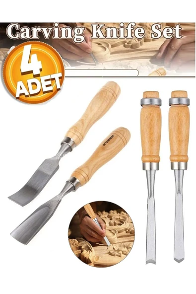 Depolife Ahşap Oyma iskarpela Kıvrık Alet seti Oval Düz Bükey Oyma yontma 4 lü Bıçak Seti Kuksa Kaşık Tas