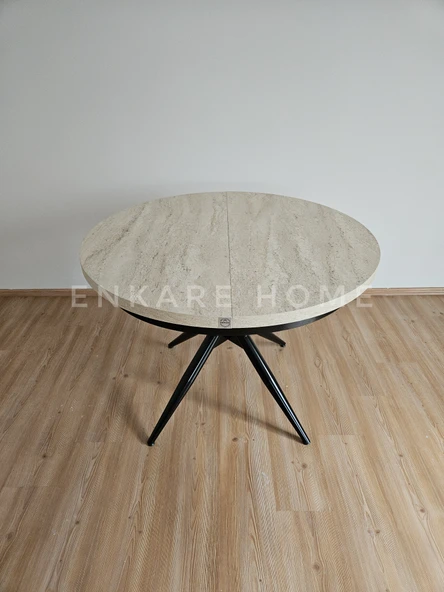 Enkare Oliva Masa - Yuvarlak Açılabilir Mdf Masa - Traverten, Siyah Ayak - 3