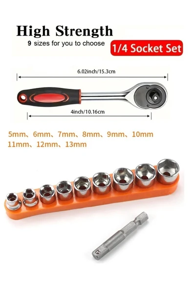 Depolife Cırcır Kollu 9 parçalı Lokma seti  ve Matkap adaptörü 1/4 soket Lokma Takımı  cır cır anahtar kolu - 3