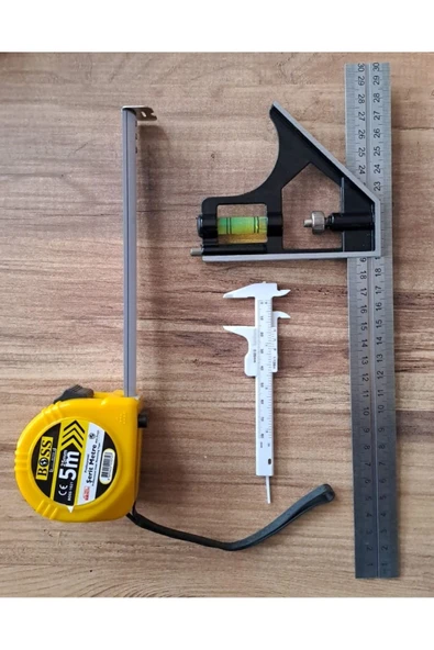 Depolife Açılı Kombine gönye Su Terazili 5 Metre Şerit Kumpas Seti Marangoz Mühendis Mimar El Alet Seti - Resim 2