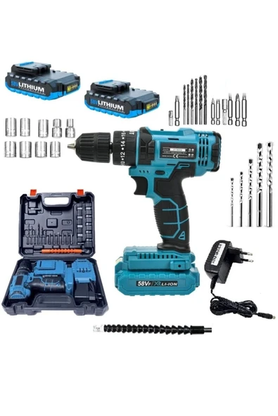 Depolife Şarjlı Darbeli Matkap 58 Volt Çift Akülü Şanzımanlı Torklu Matkap Duvar Beton Ahşap Delme Vidalama - Resim 3