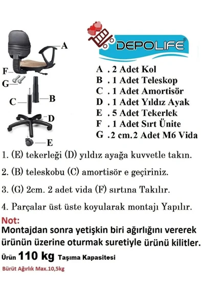 Depolife Çocuk Odası Sandalyesi Ders Çalışma Ofis Koltuğu Öğrenci Sandalye Beyaz Tekerli Yükseklik Ayarlı - 7