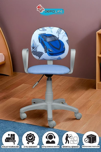 Depolife Çocuk Odası Sandalyesi Ders Çalışma Ofis Koltuğu Öğrenci Sandalye Beyaz Tekerli Yükseklik Ayarlı - 1
