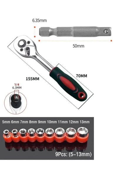 Depolife Cırcır Kollu 9 parçalı Lokma seti  ve Matkap adaptörü 1/4 soket Lokma Takımı  cır cır anahtar kolu - 4