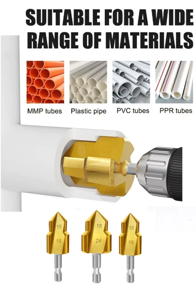 Depolife Pvc Boru Raybası Ağır Hizmet Tipi Boru Raybalama Matkap Uçları 3 Parça Kutulu Boru Pah Çapak Alma - Resim 6